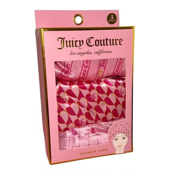 Juicy Couture Set of 3 Pink & Red Satin Shower Caps w/ Heart Crown & Logo Prints - Picture 1 of 6